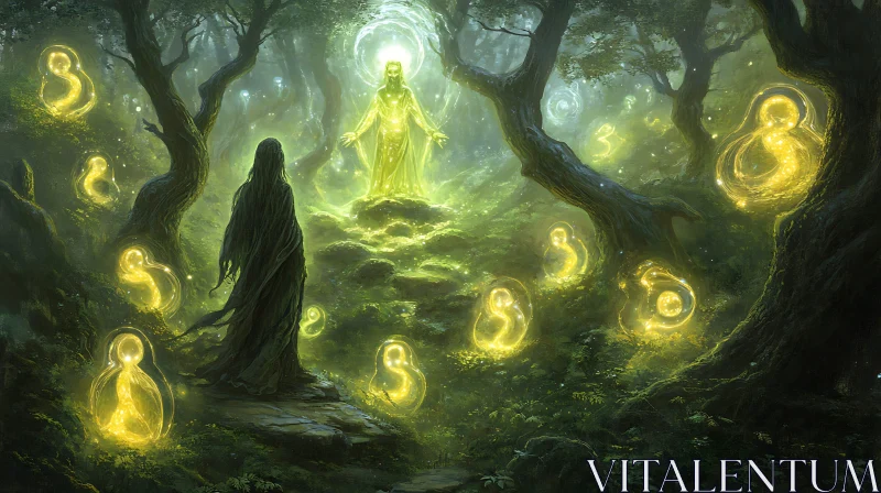 Enchanted Forest Scene with Ethereal Beings AI Image