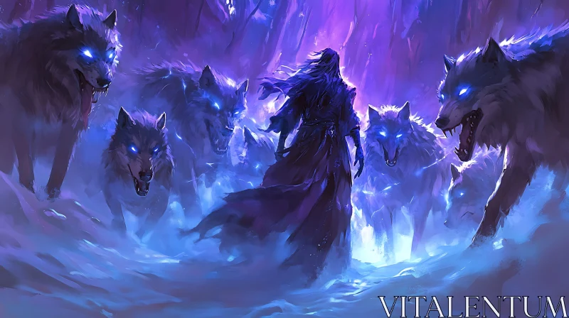 AI ART Enigmatic Character Surrounded by Wolves