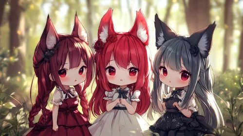 Three Fox-Eared Anime Girls in a Forest