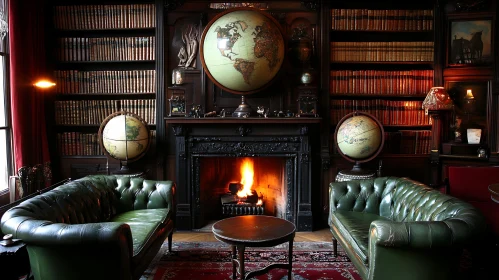 Classic Library Interior with Green Armchairs