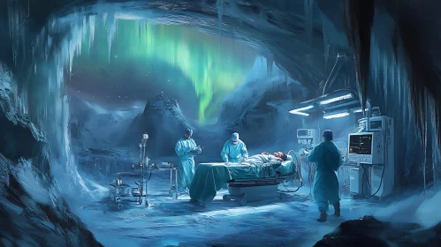 Icy Cave Surgery Under Northern Lights