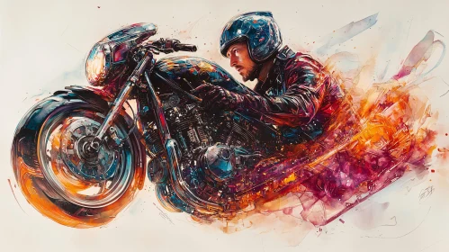 Man on Motorcycle Watercolor Painting