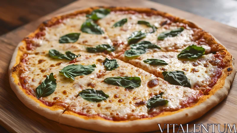 Cheese Pizza with Fresh Basil on Wooden Board AI Image