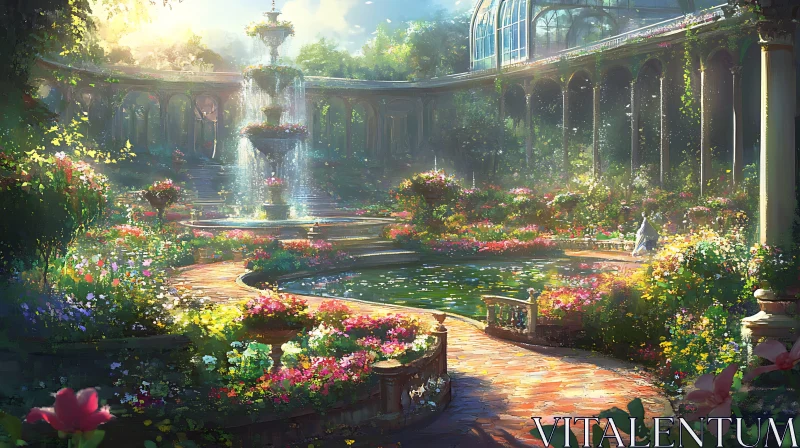 Sunlit Garden with Flowers and Fountain AI Image