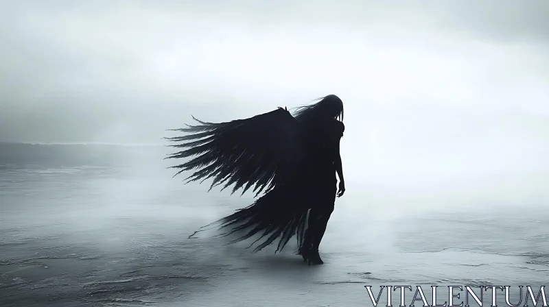 AI ART Winged Figure in Monochrome Mist