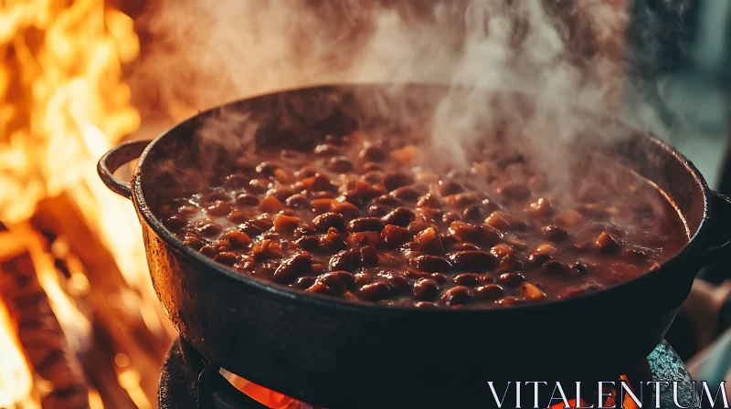 Hearty Bean Stew Cooking Over Fire AI Image