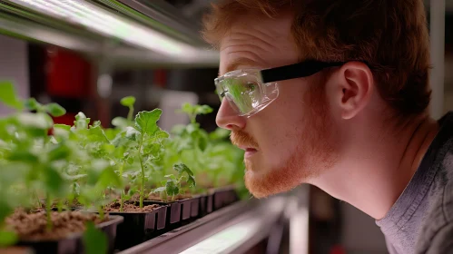 Man Inspecting Seedlings in Greenhouse