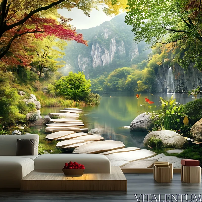 AI ART Scenic Autumn Lake with Stone Pathway