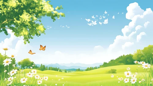 Scenic Landscape of Green Fields and Butterflies