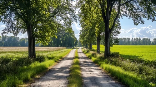 Green Fields and Tree Lined Road