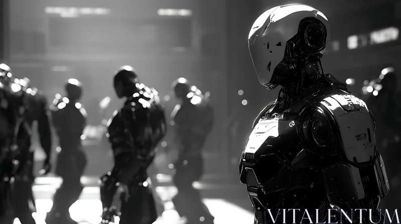 Futuristic Mechanical Humanoids in a Dark Environment AI Image