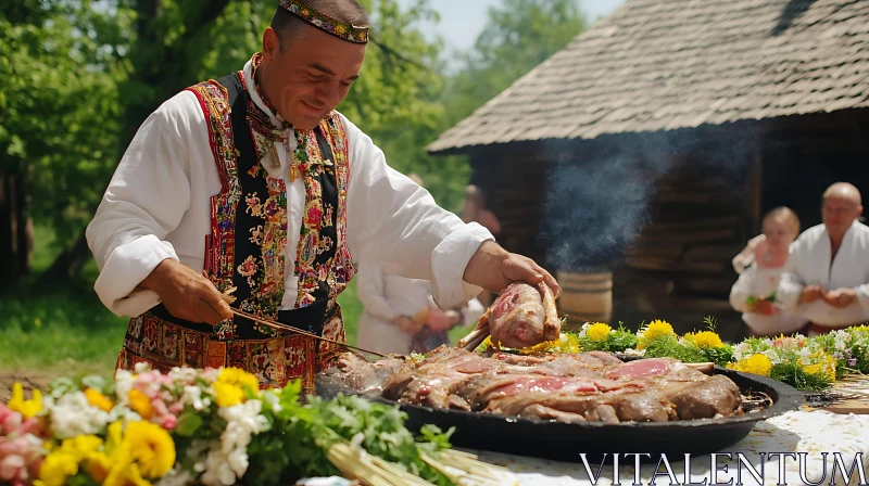 Man Preparing Meat at Outdoor Celebration AI Image