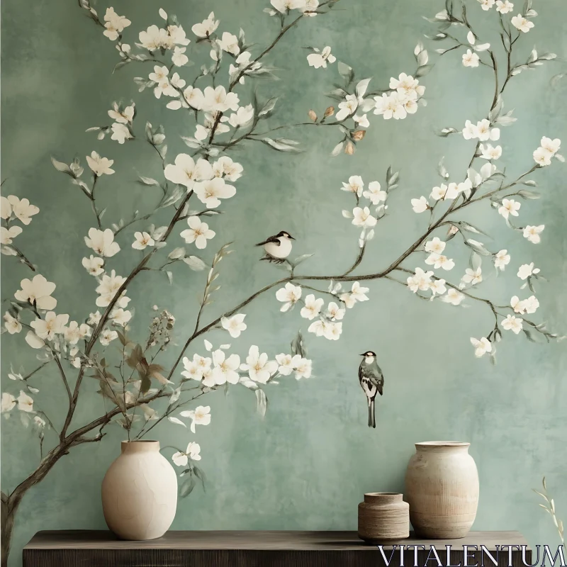 AI ART Vintage Style Floral Art with Birds