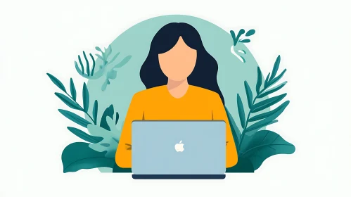 Faceless Woman and Laptop with Floral Design