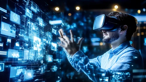 Man in VR Headset Navigating Digital Interface