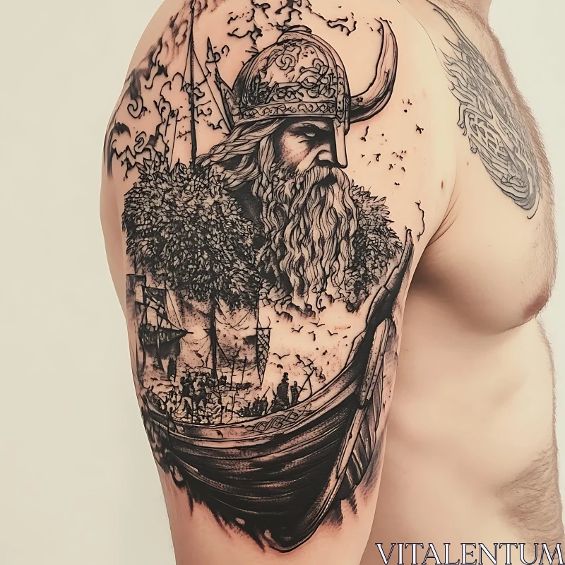 Viking Tattoo Art with Longship and Mythical Themes AI Image