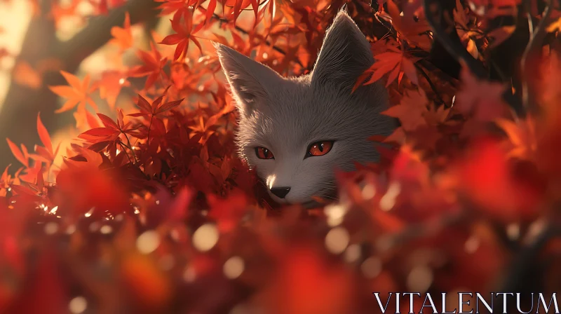 Fox Hidden in Red Foliage AI Image