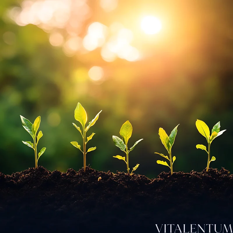 Young Plants Growing Under Sunlight AI Image