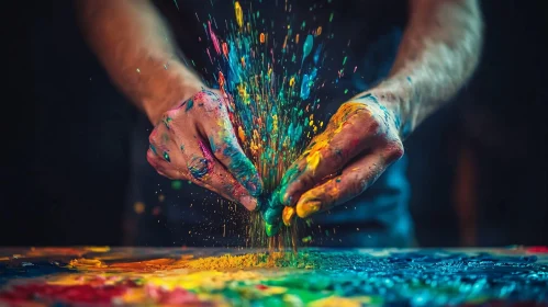 Hands Creating a Colorful Paint Burst