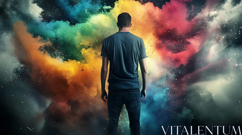 Man Staring at Colorful Explosion AI Image