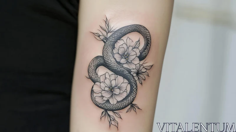 Intertwined Snake and Blooming Flowers Tattoo AI Image