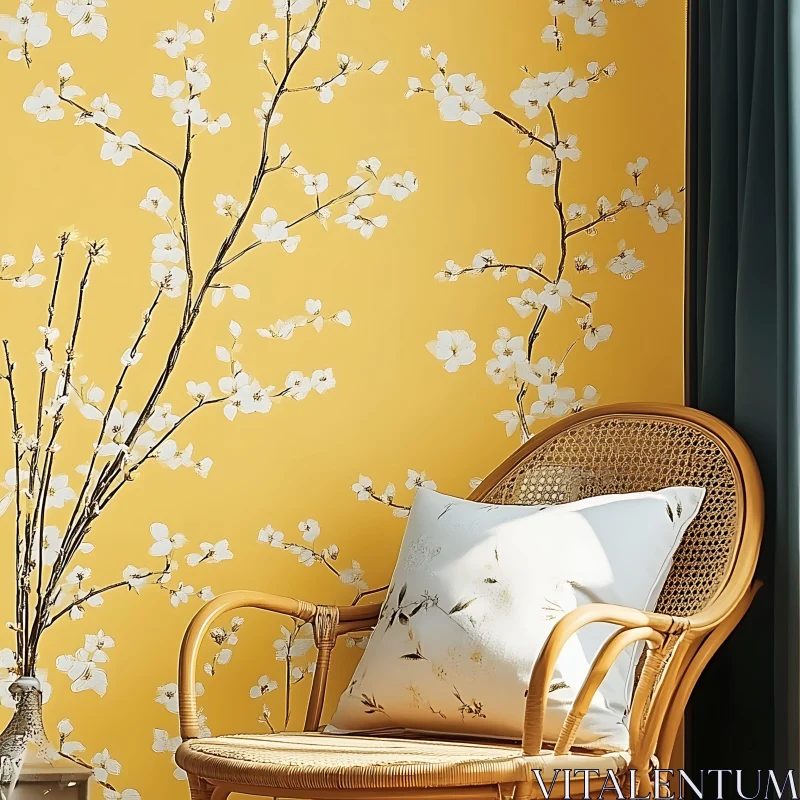 Chair with Pillow near Floral Wallpaper AI Image