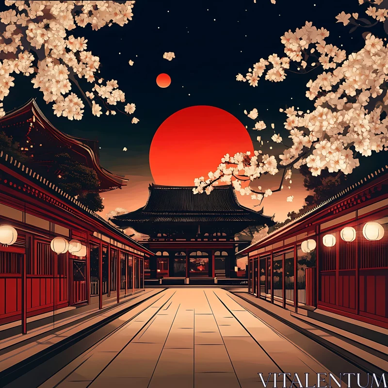 Nighttime Temple View with Blooming Cherry Trees AI Image