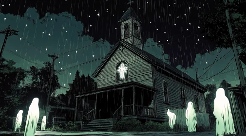 Rainy Night Church with Ghostly Figures