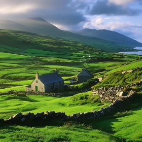 Picturesque Green Landscape with Stone Buildings