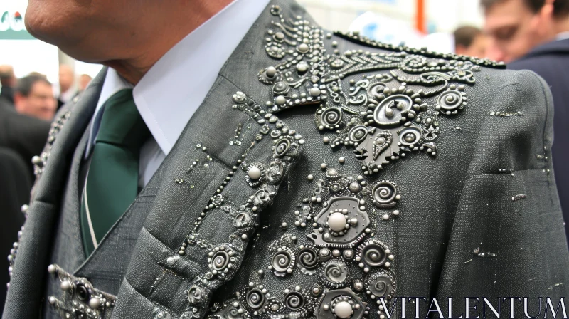 Elegant Black Suit Jacket with Silver and Pearl Decorations AI Image