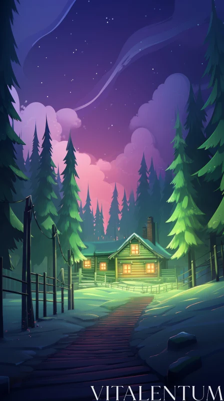 Enchanting Nighttime Illustration of a Snowy Forest Cottage AI Image