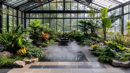 Lush Indoor Garden with Foggy Water Feature