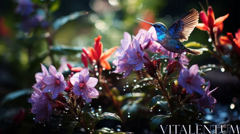 Hummingbird and Dew-Kissed Purple Flower in a Tropical Setting AI Image