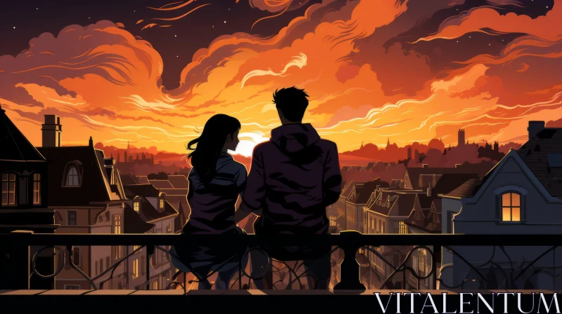 Romantic Sunset City View in Comic Art Style AI Image