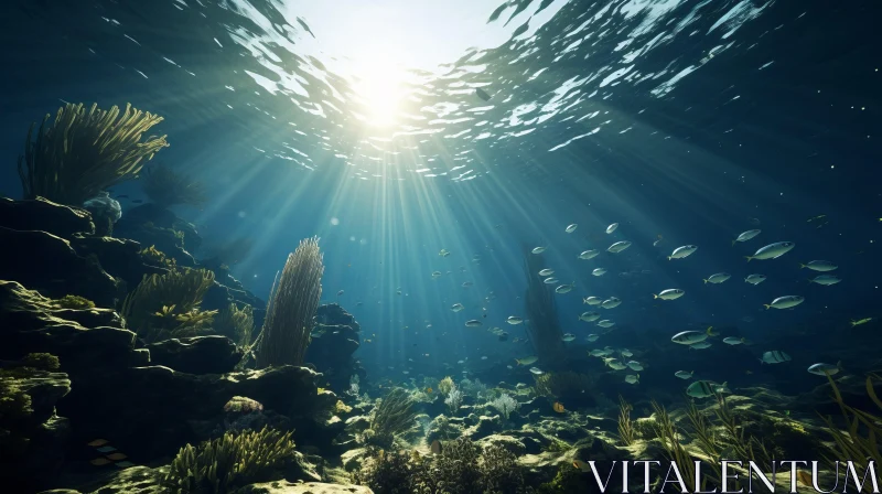 Underwater Coral Reef Illuminated by Sunbeams AI Image