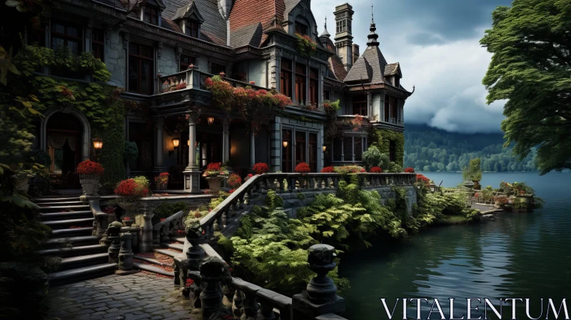 Victorian Gothic Castle near Water - Swiss Style Cabincore Charm AI Image
