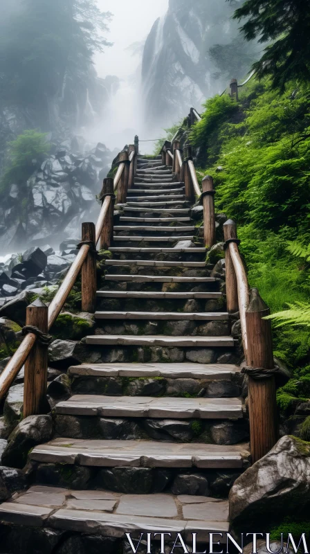 Wooden Stair Steps on a Foggy Green Mountain - Adventure Themed AI Image