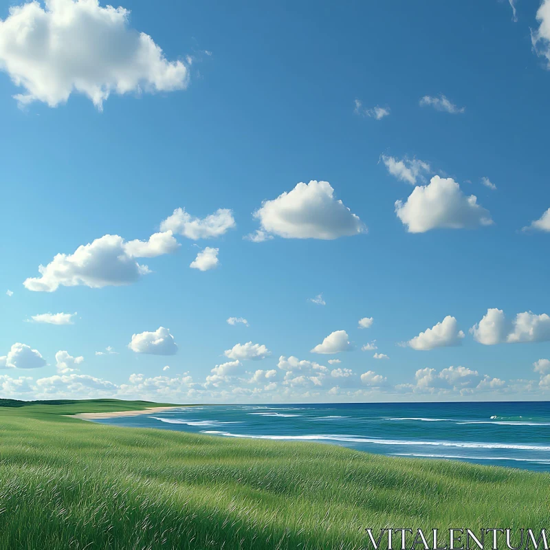 Coastal Green Field with Cloudscape AI Image