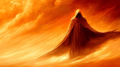 Cloaked Figure in Abstract Orange Landscape