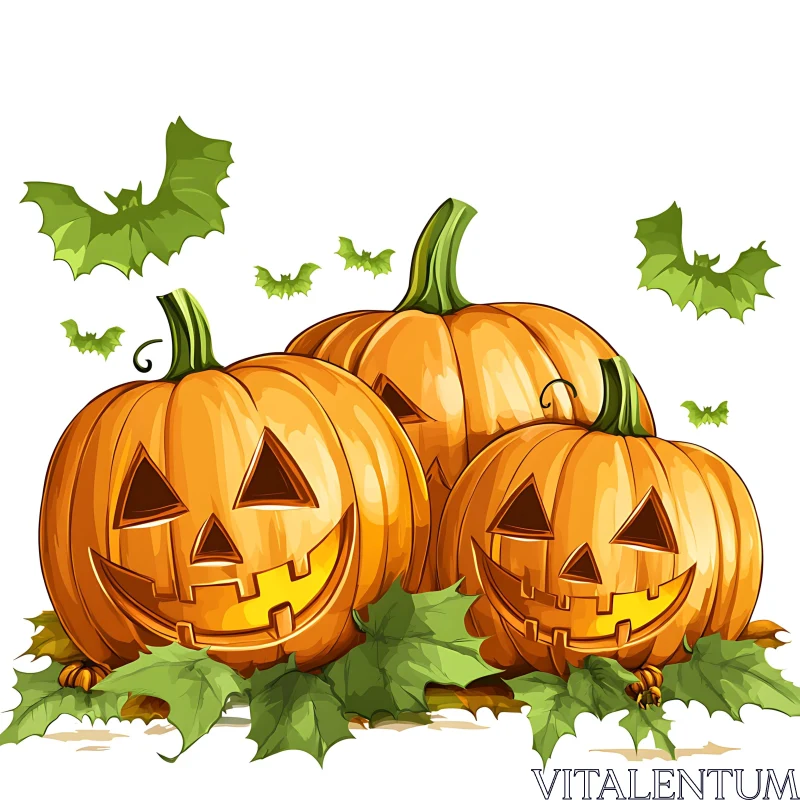 AI ART Spooky Halloween Pumpkin Trio with Flying Bats