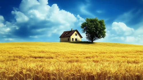Rural House in Wheat Field with Tree