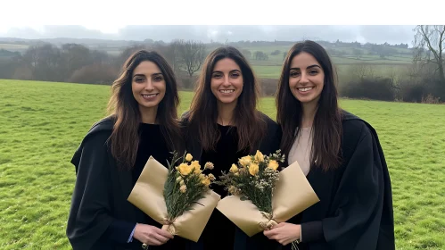 Three Graduates Celebrating with Flowers