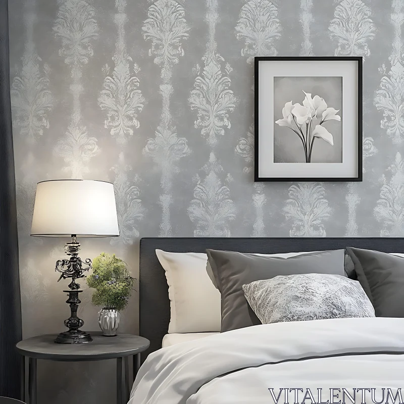 Calm Bedroom with Floral Wall Decor AI Image