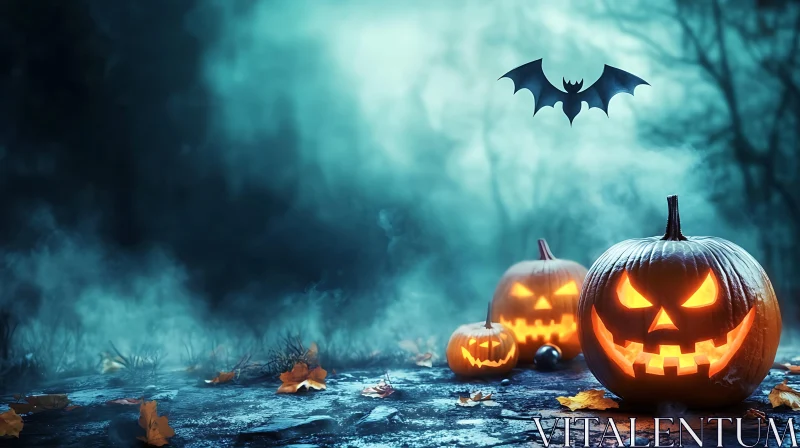 AI ART Spooky Pumpkins and Bat Halloween Scene