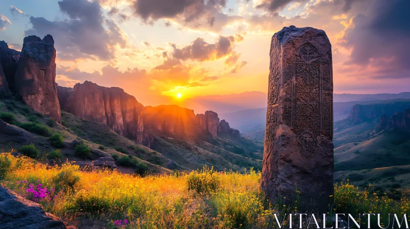 AI ART Scenic Mountain View with Stone Monument