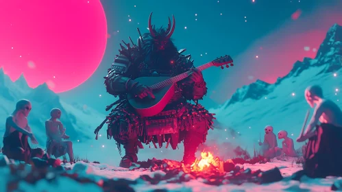 Fantasy Samurai Playing Music by Campfire