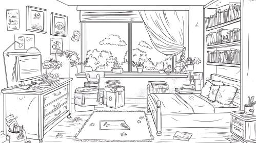 Monochrome Bedroom Interior Illustration