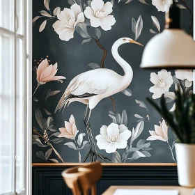 White Heron Amidst Blossoming Flowers Painting