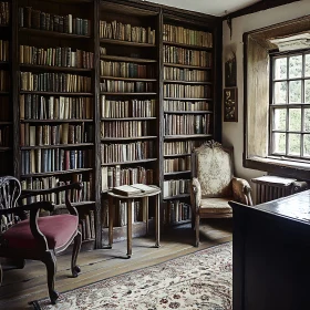 Vintage Library Interior with Bookshelves