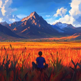 Person Meditating in Field with Mountain View